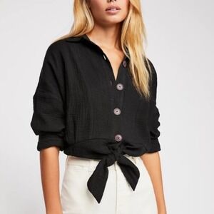 Free People Sunstreaks Black Cotton Gauze Button Front Tie Hem Shirt Top Size XS